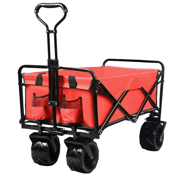 COOKCOK Collapsible Heavy Duty Wagon Cart, Outdoor Folding Utility Camping Garden Beach Cart with Universal Wheels & Adjustable Handle Shopping, Black