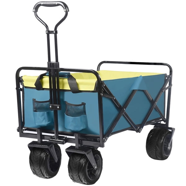 COOKCOK Collapsible Heavy Duty Wagon Cart, Outdoor Folding Utility Camping Garden Beach Cart with Universal Wheels & Adjustable Handle Shopping, Black