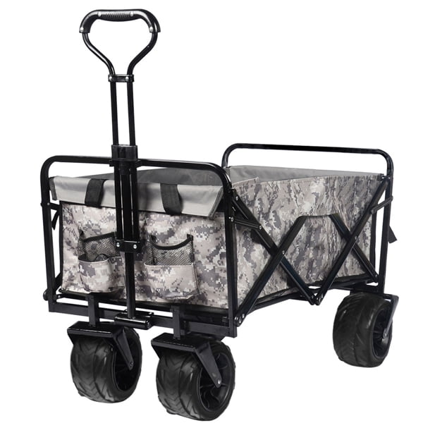 COOKCOK Collapsible Heavy Duty Wagon Cart, Outdoor Folding Utility Camping Garden Beach Cart with Universal Wheels & Adjustable Handle Shopping, Black