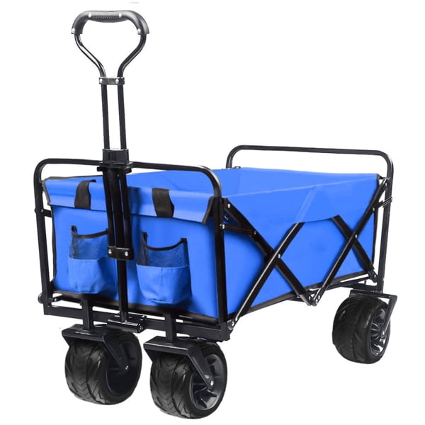 COOKCOK Collapsible Heavy Duty Wagon Cart, Outdoor Folding Utility Camping Garden Beach Cart with Universal Wheels & Adjustable Handle Shopping, Black