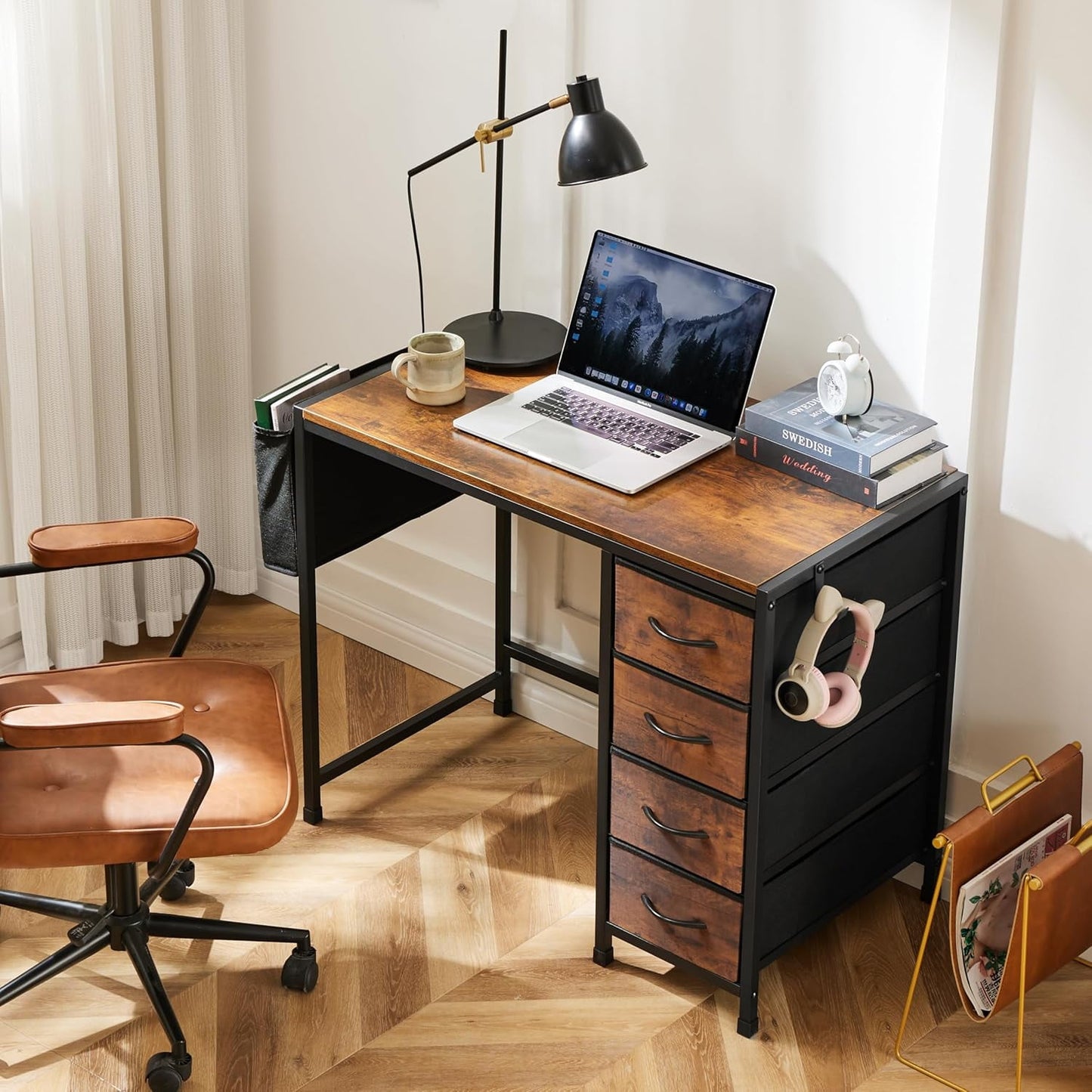 COOKCOK Computer Desk with Fabric Drawers Office Small Desk 36" Wide Desk with Headphone Hooks & Storage Bag for Student Kids Reading Table for Small Spaces, Brown