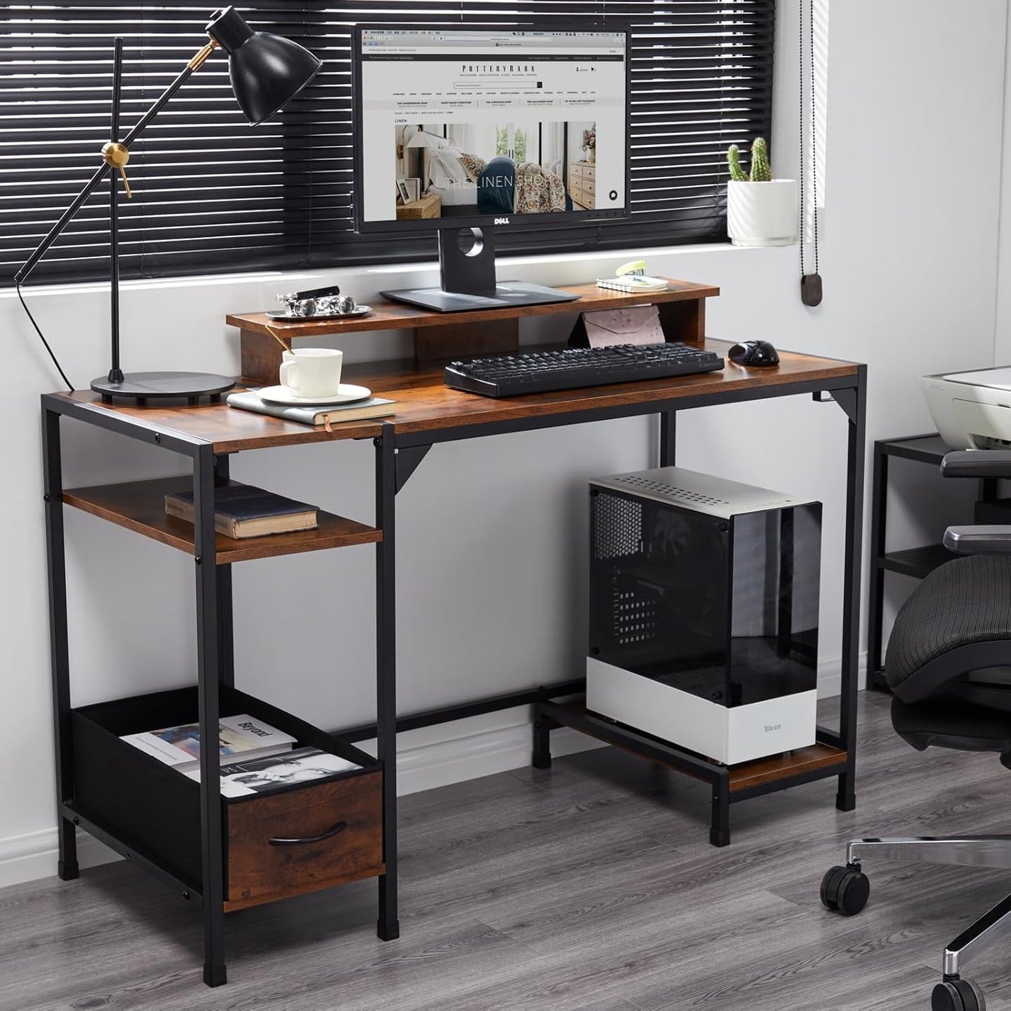 COOKCOK 47 inch Computer Desk, Office Desk with a Monitor Stand and Fabric Drawer, Writing Gaming Table with Shelves and 2 Hooks for Home Office, Black