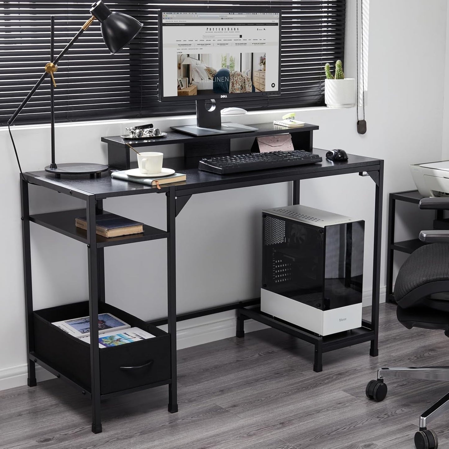 COOKCOK 47 inch Computer Desk, Office Desk with a Monitor Stand and Fabric Drawer, Writing Gaming Table with Shelves and 2 Hooks for Home Office, Black