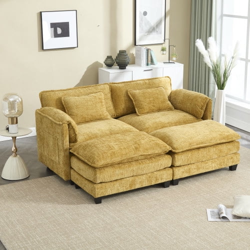 COOKCOK Deep Seat Loveseat with 2 Ottomans, Sectional Loveseat Couch Modular Sofa, Modern Double Layer Upholstered Loveseat Sofa, 2 Deep Seater Couch for Living Room, Gray