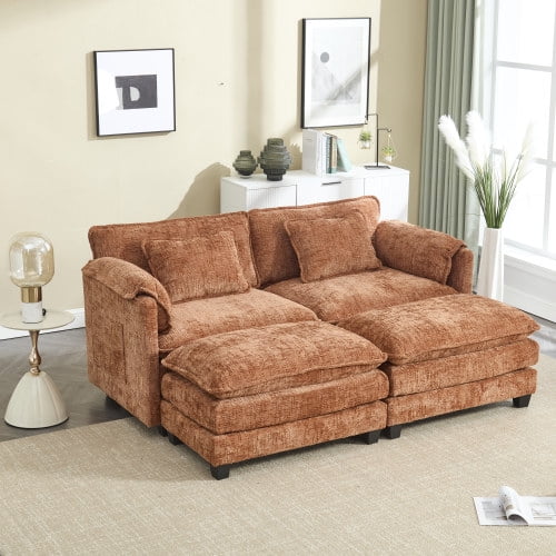 COOKCOK Deep Seat Loveseat with 2 Ottomans, Sectional Loveseat Couch Modular Sofa, Modern Double Layer Upholstered Loveseat Sofa, 2 Deep Seater Couch for Living Room, Gray