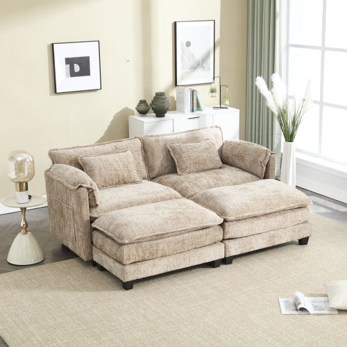 COOKCOK Deep Seat Loveseat with 2 Ottomans, Sectional Loveseat Couch Modular Sofa, Modern Double Layer Upholstered Loveseat Sofa, 2 Deep Seater Couch for Living Room, Gray