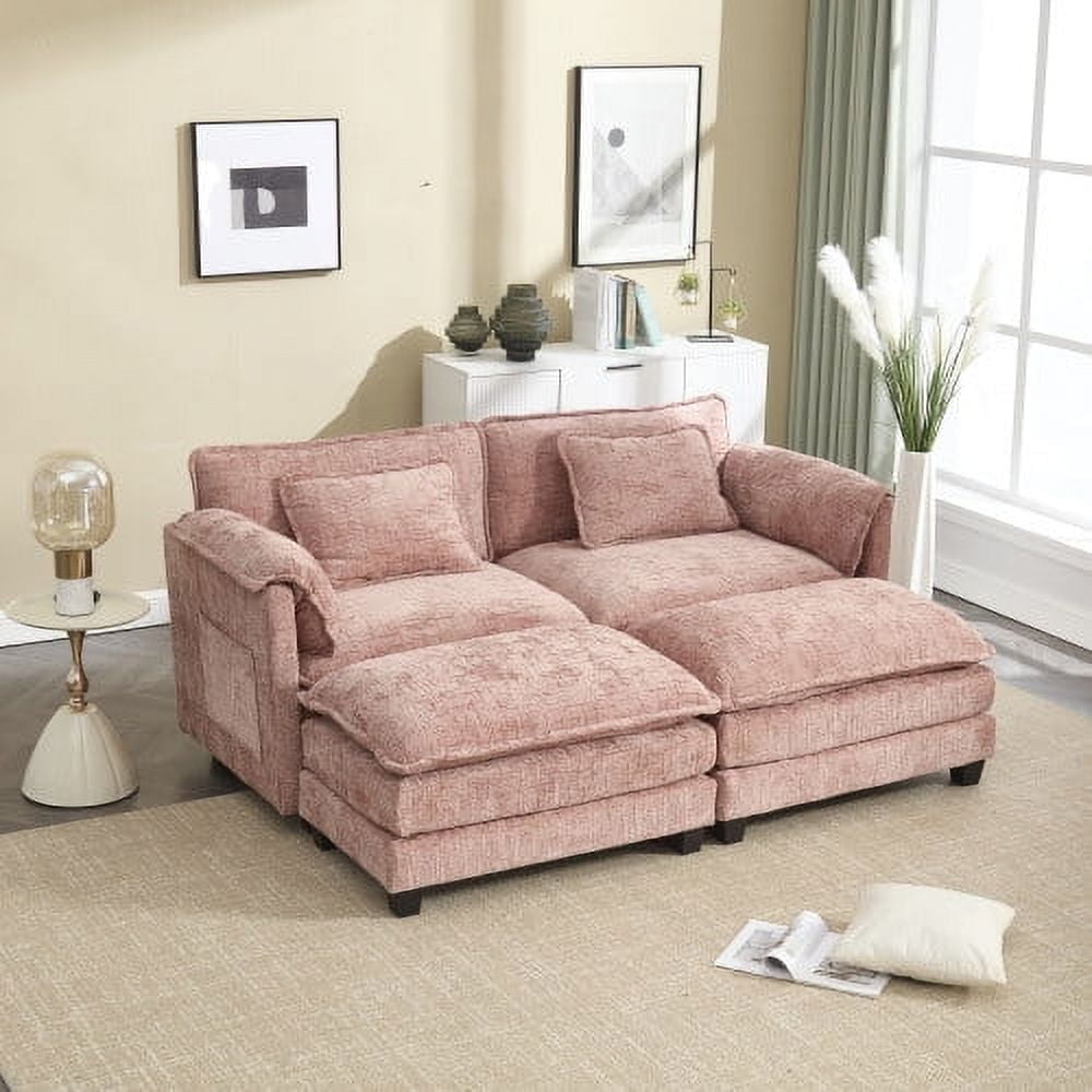 COOKCOK Deep Seat Loveseat with 2 Ottomans, Sectional Loveseat Couch Modular Sofa, Modern Double Layer Upholstered Loveseat Sofa, 2 Deep Seater Couch for Living Room, Gray