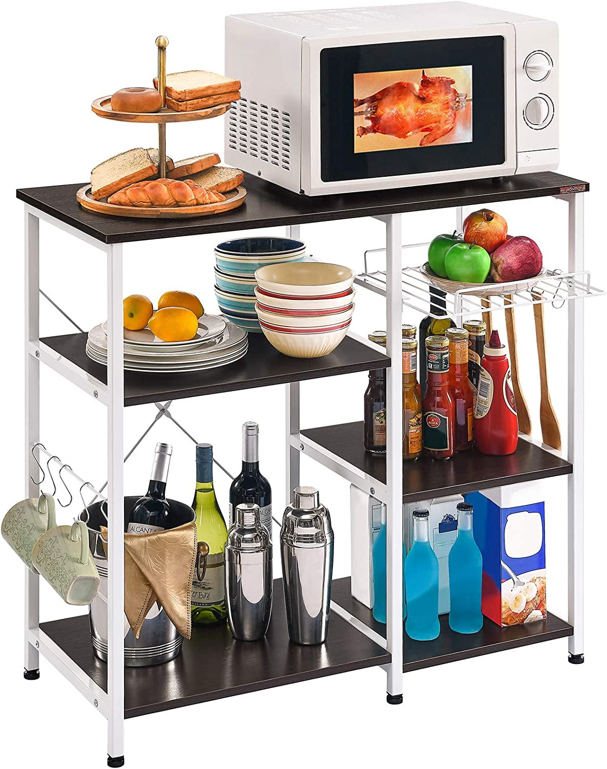 COOKCOK Kitchen Bakers Rack, Utility Storage Shelf, Microwave Oven Stand Shelf with Hooks, 3-Tier+3-Tier Table for Kitchen Organizer, Beige