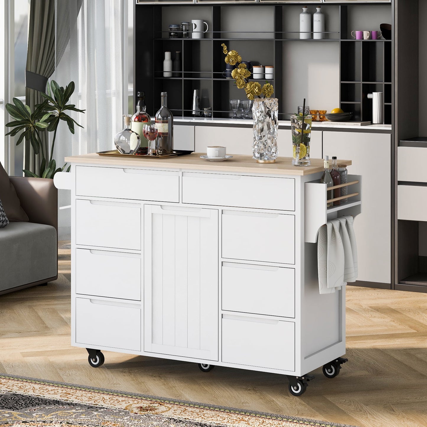 COOKCOK Kitchen Cart with Wood Countertop, Rolling Kitchen Storage Cabinet on Wheels with 8 Handle-Free Drawers, Rolling Mobile Kitchen Island with Towel Rack, 53.2" Width, White