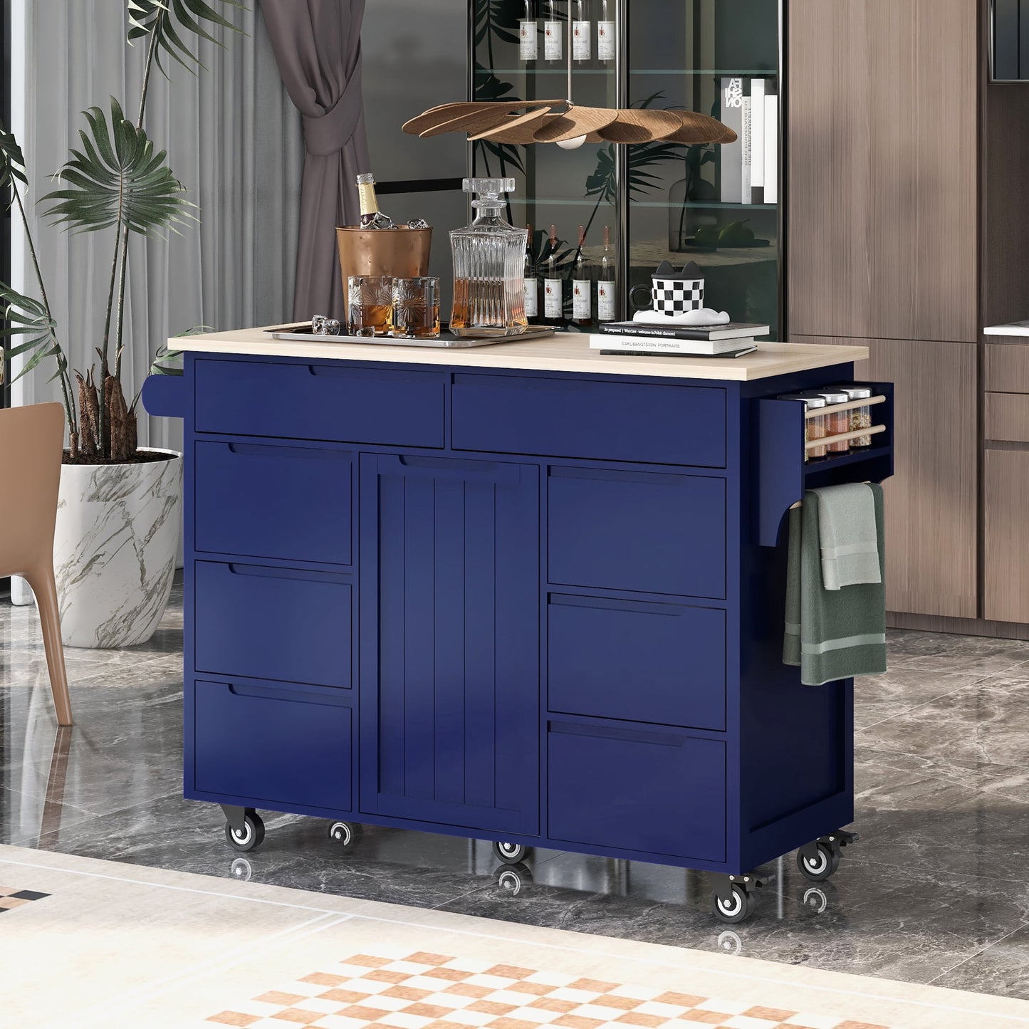 COOKCOK Kitchen Cart with Wood Countertop, Rolling Kitchen Storage Cabinet on Wheels with 8 Handle-Free Drawers, Rolling Mobile Kitchen Island with Towel Rack, 53.2" Width, White
