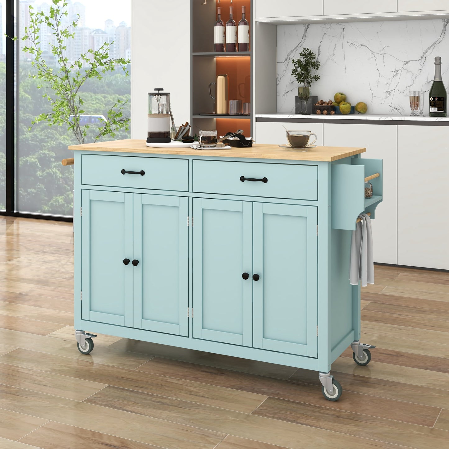 COOKCOK Kitchen Island Cart, Rolling Mobile Kitchen Island Cart with Wood Top and Locking Wheels, Storage Utility Cart with 4 Door Cabinet and Two Drawers, Spice Rack, Towel Rack, Black