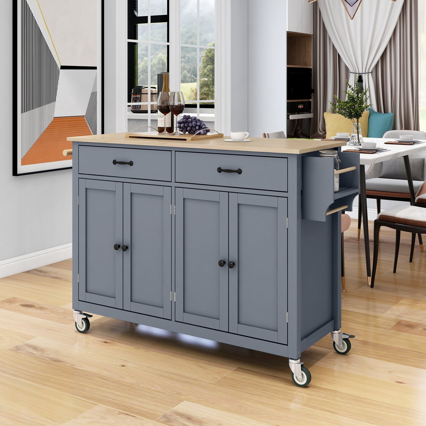 COOKCOK Kitchen Island Cart, Rolling Mobile Kitchen Island Cart with Wood Top and Locking Wheels, Storage Utility Cart with 4 Door Cabinet and Two Drawers, Spice Rack, Towel Rack, Black