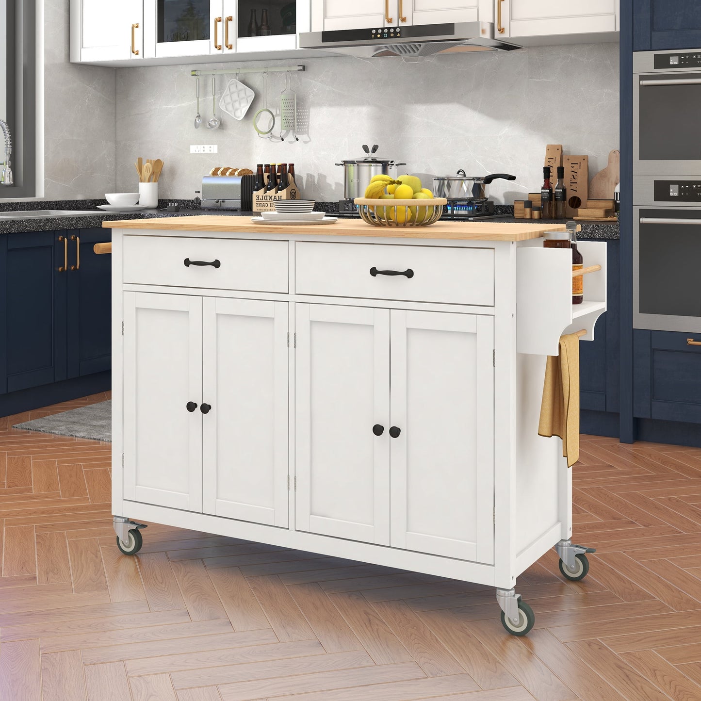 COOKCOK Kitchen Island Cart, Rolling Mobile Kitchen Island Cart with Wood Top and Locking Wheels, Storage Utility Cart with 4 Door Cabinet and Two Drawers, Spice Rack, Towel Rack, Black