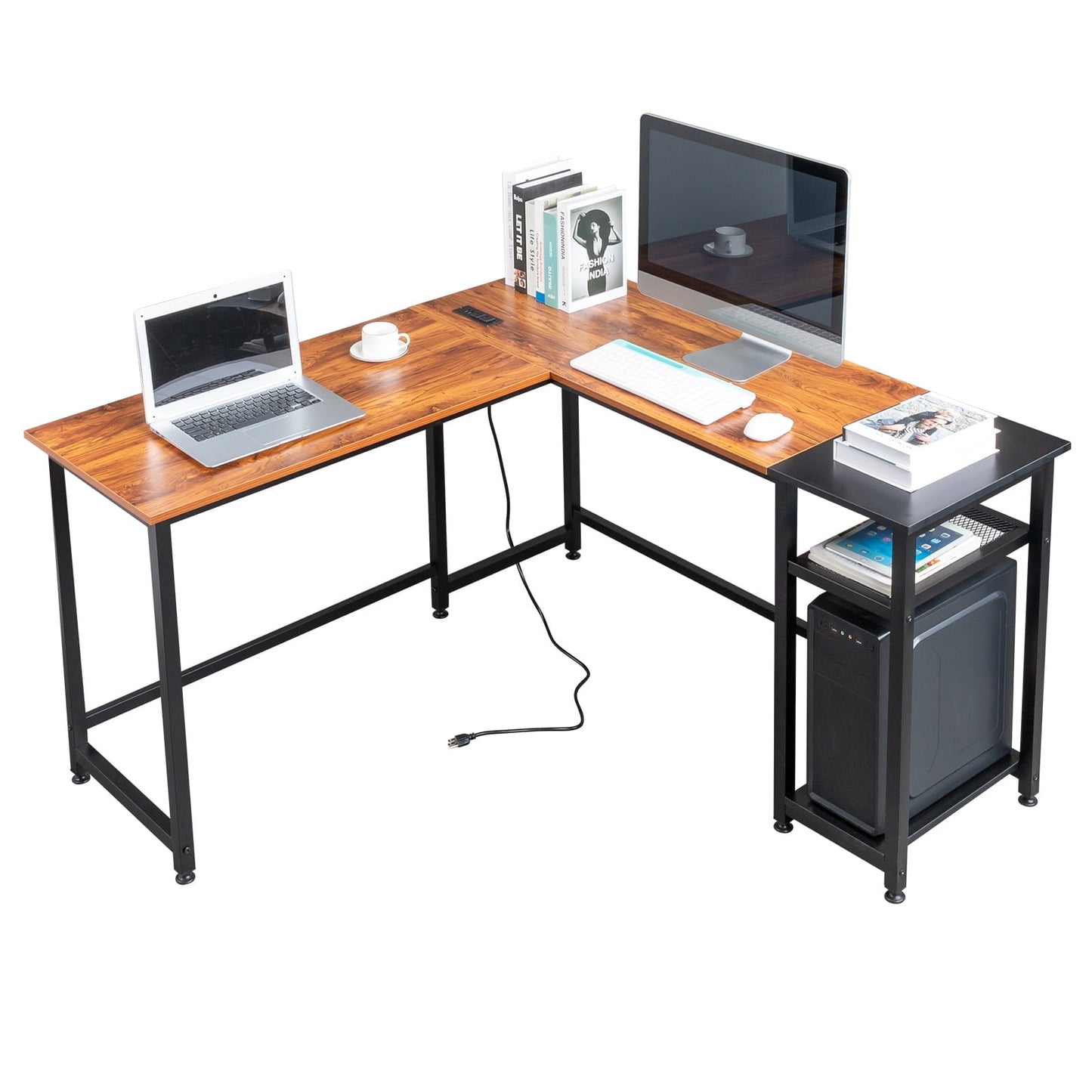 COOKCOK L Shaped Desk, 55" Computer Desk with Power Outlets, Reversible Corner Desk with Storage Shelves, Home Office Desk for Writing Gaming Study, Black