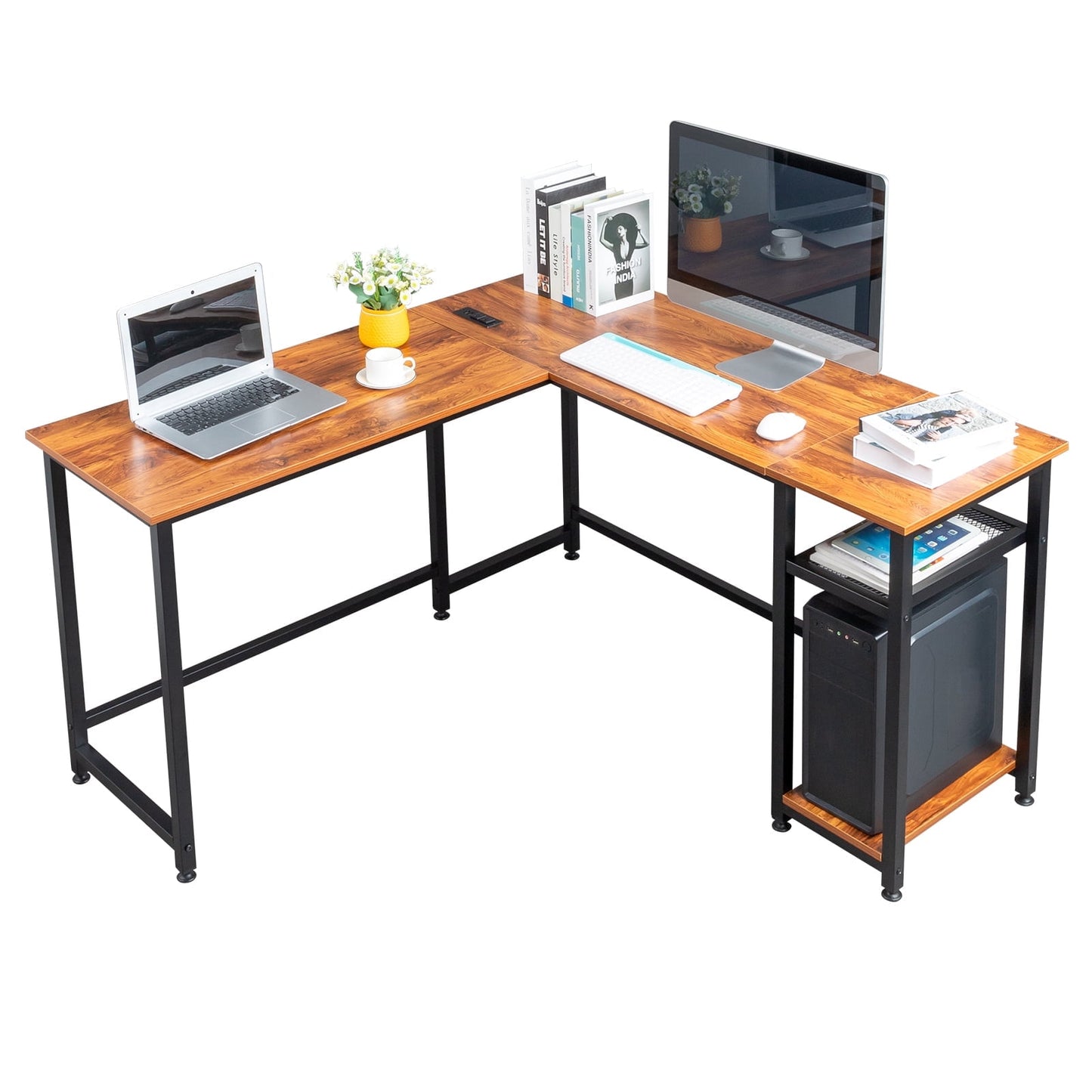 COOKCOK L Shaped Desk, 55" Computer Desk with Power Outlets, Reversible Corner Desk with Storage Shelves, Home Office Desk for Writing Gaming Study, Black