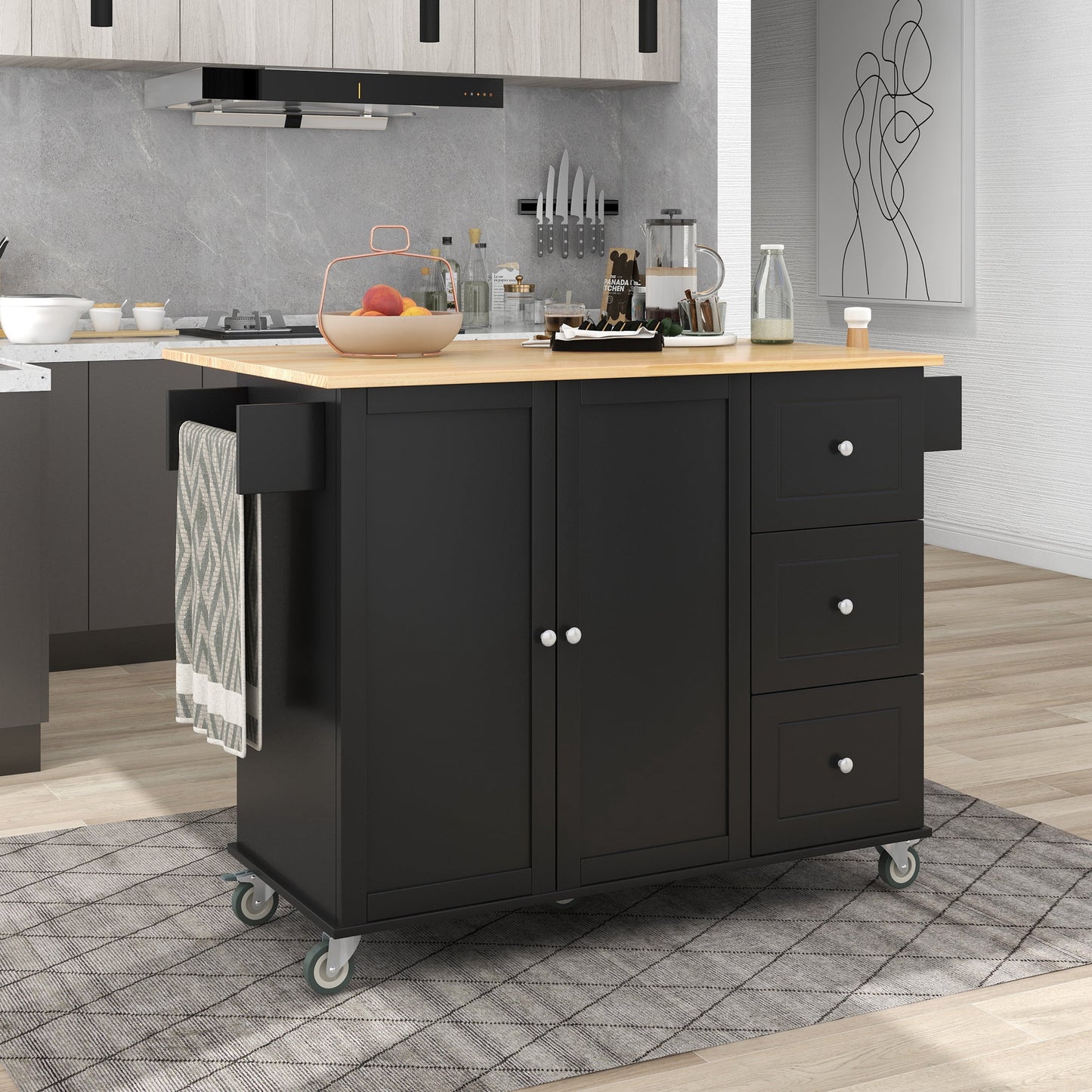COOKCOK Mobile Kitchen Island Cart, Kitchen Cart with Wood Top and Drop Leaf Breakfast Bar, Rolling 52.7" Mobile Kitchen Island with Storage and Towel Rack, Drawers, Black