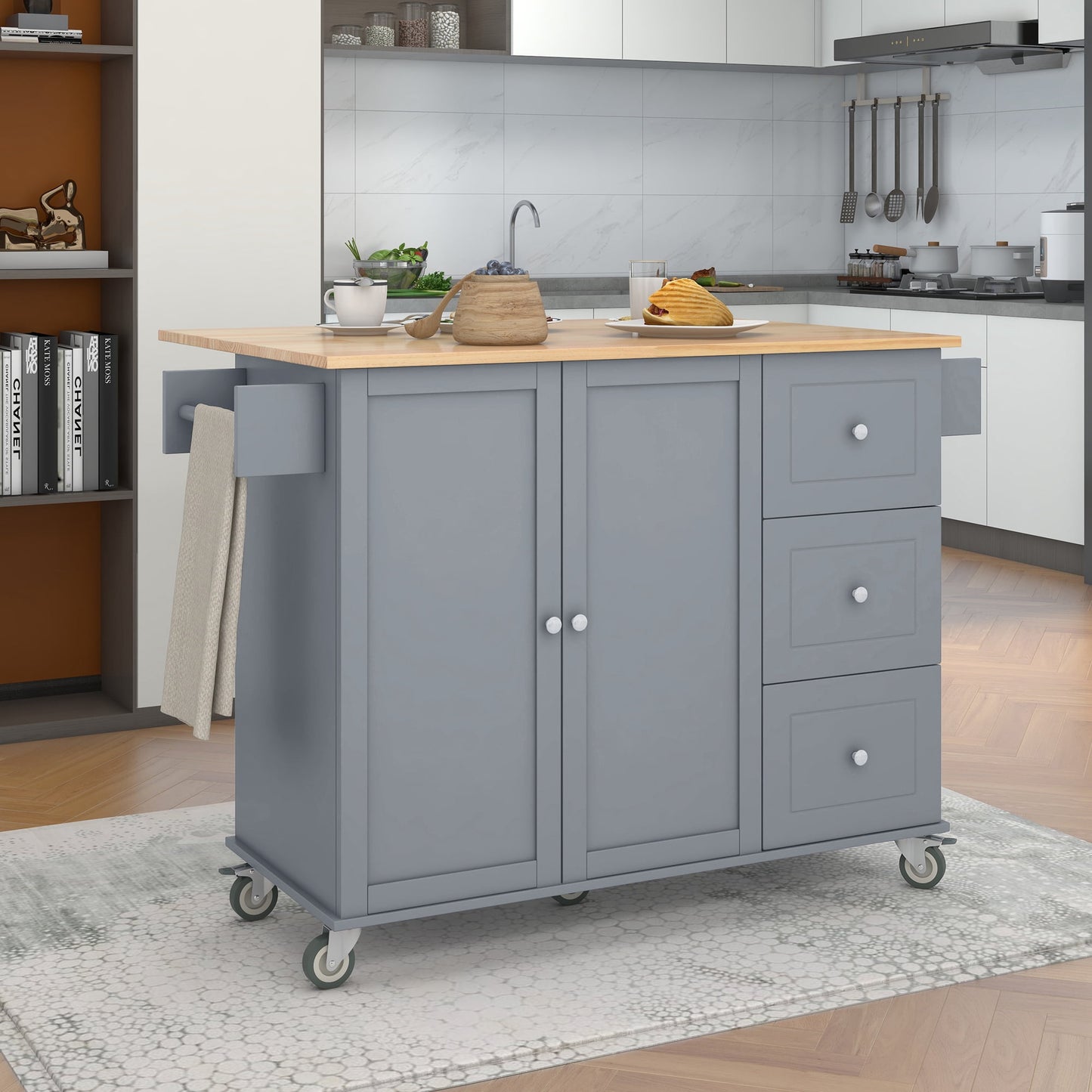 COOKCOK Mobile Kitchen Island Cart, Kitchen Cart with Wood Top and Drop Leaf Breakfast Bar, Rolling 52.7" Mobile Kitchen Island with Storage and Towel Rack, Drawers, Black