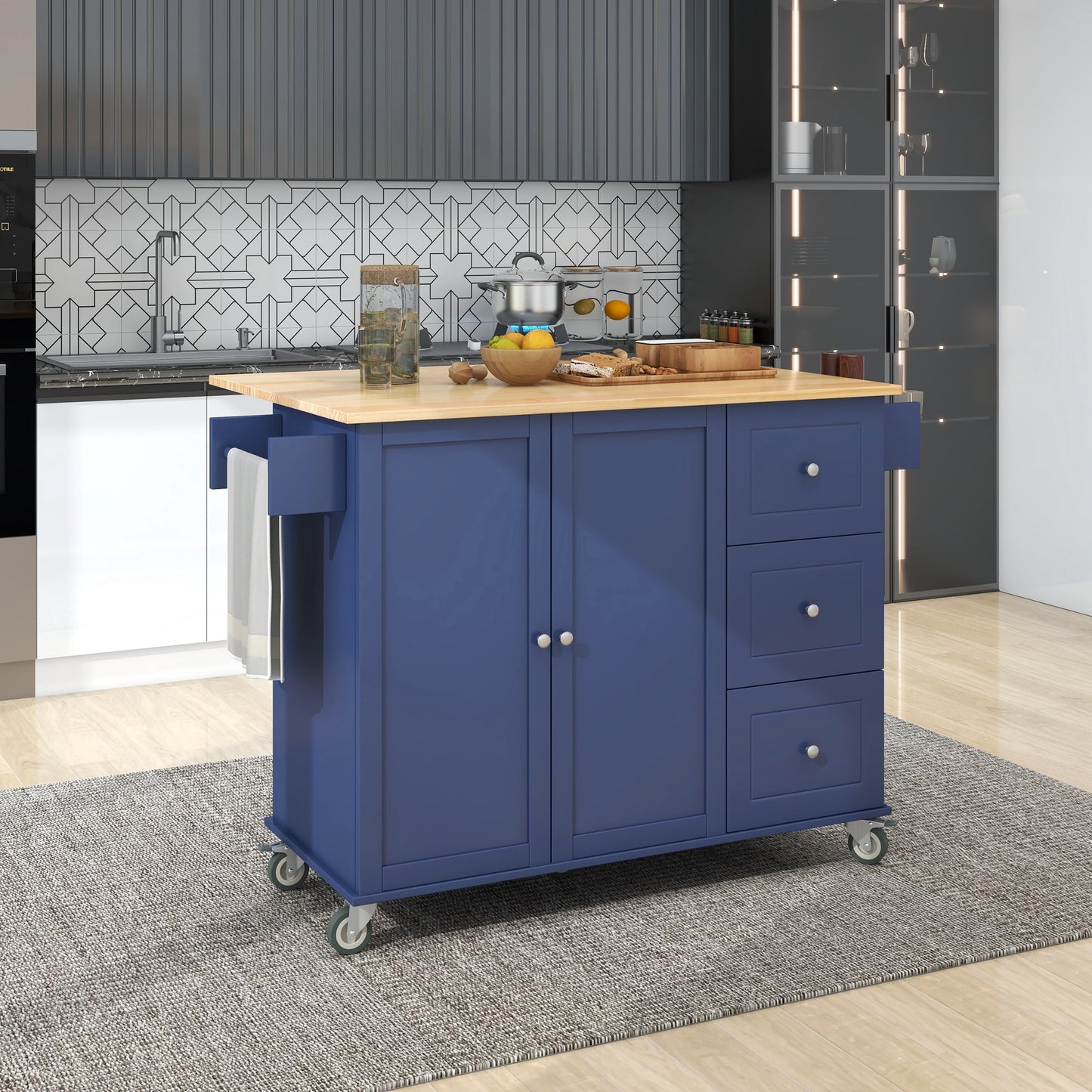 COOKCOK Mobile Kitchen Island Cart, Kitchen Cart with Wood Top and Drop Leaf Breakfast Bar, Rolling 52.7" Mobile Kitchen Island with Storage and Towel Rack, Drawers, Black