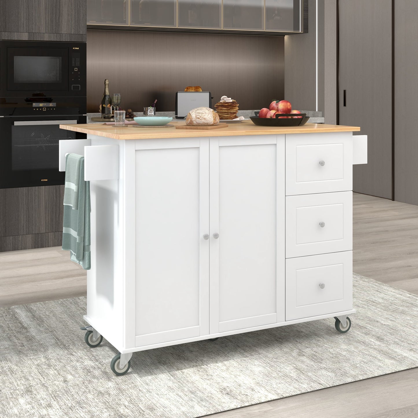 COOKCOK Mobile Kitchen Island Cart, Kitchen Cart with Wood Top and Drop Leaf Breakfast Bar, Rolling 52.7" Mobile Kitchen Island with Storage and Towel Rack, Drawers, Black