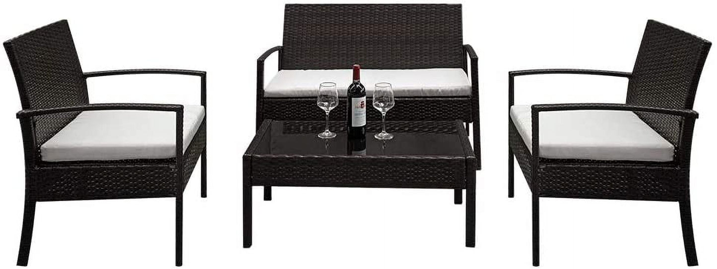 COOKCOK Patio Furniture Sets of 4, PE Rattan Conversation Furniture Set w/2pcs Arm Chairs 1pc Love Seat & Tempered Glass Coffee Table, Rattan Sofa Conversation Sets for Garden, Patio, Poolside, Brown