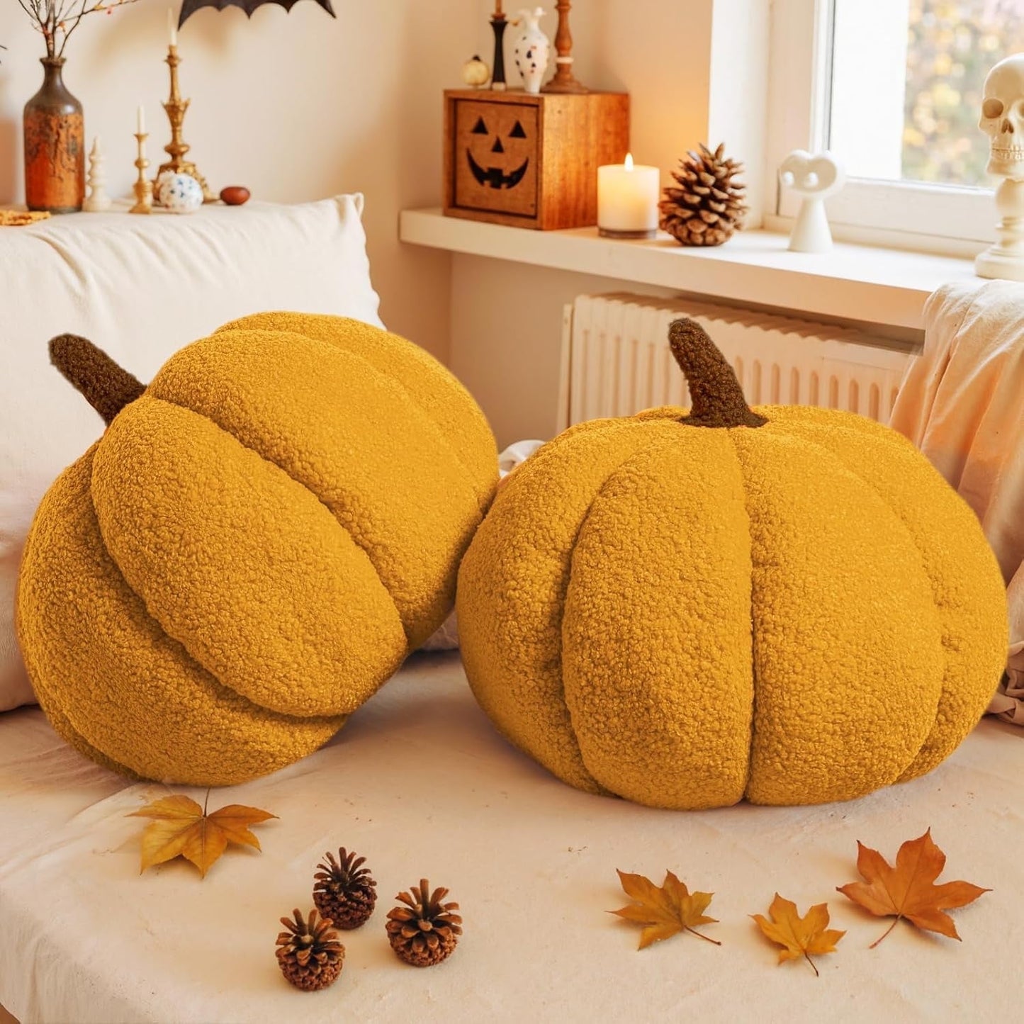 COOKCOK Pumpkin Pillows, Fall Pumpkin Pillow Set of 2, Large Size Throw Pillows Room Halloween Decoration Gifts, Teddy Fleece 14.2x10.2inch Accent Cushion for Holiday, Friends Gift, Orange