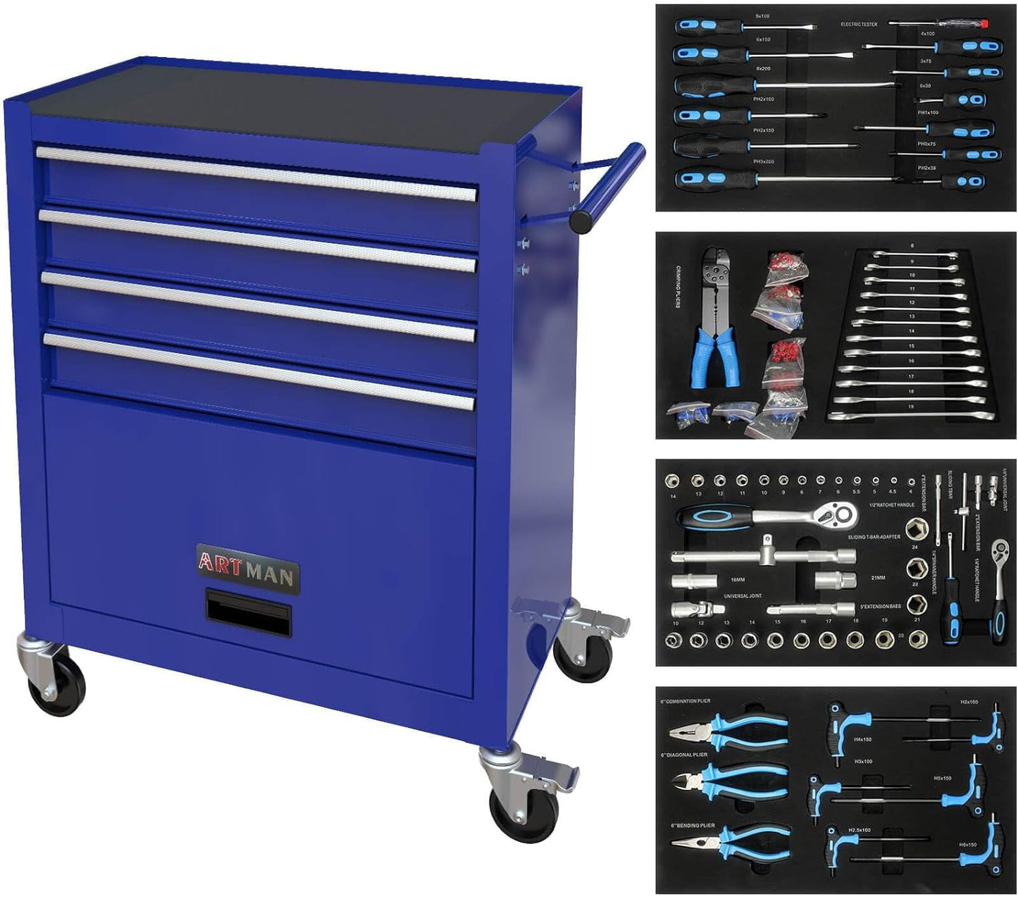 COOKCOK Tool Chest with 238 Piece Tool Set, 4-Drawer Tool Cabinet - Rolling Tool Cart On Wheels for Mechanics Heavy-Duty Metal Tool Box Storage Cabinets for Garage, Blue
