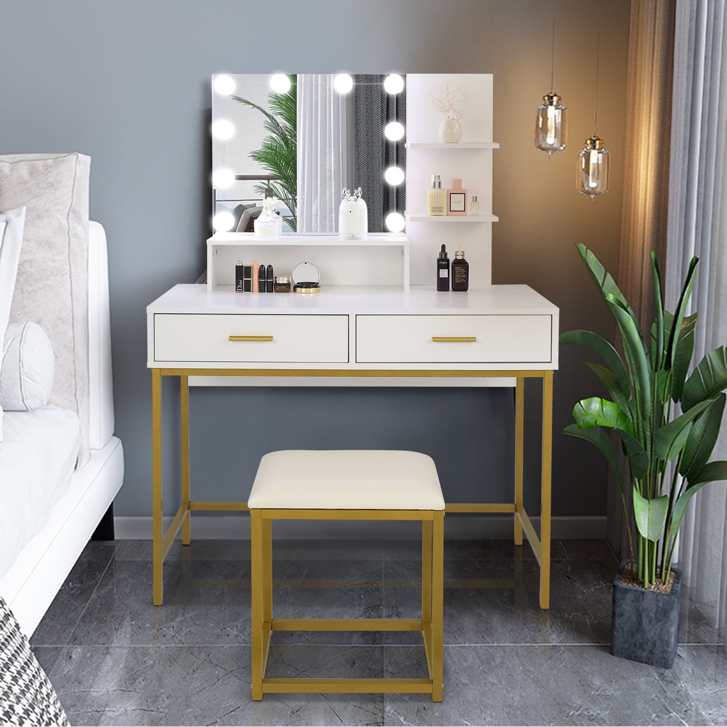 COOKCOK Vanity Desk with Lights, Makeup Table with Cushioned Stool, 3 Storage Shelves 2 Drawers, Dressing Table Dresser Desk for Women, Girls, Bedroom, White