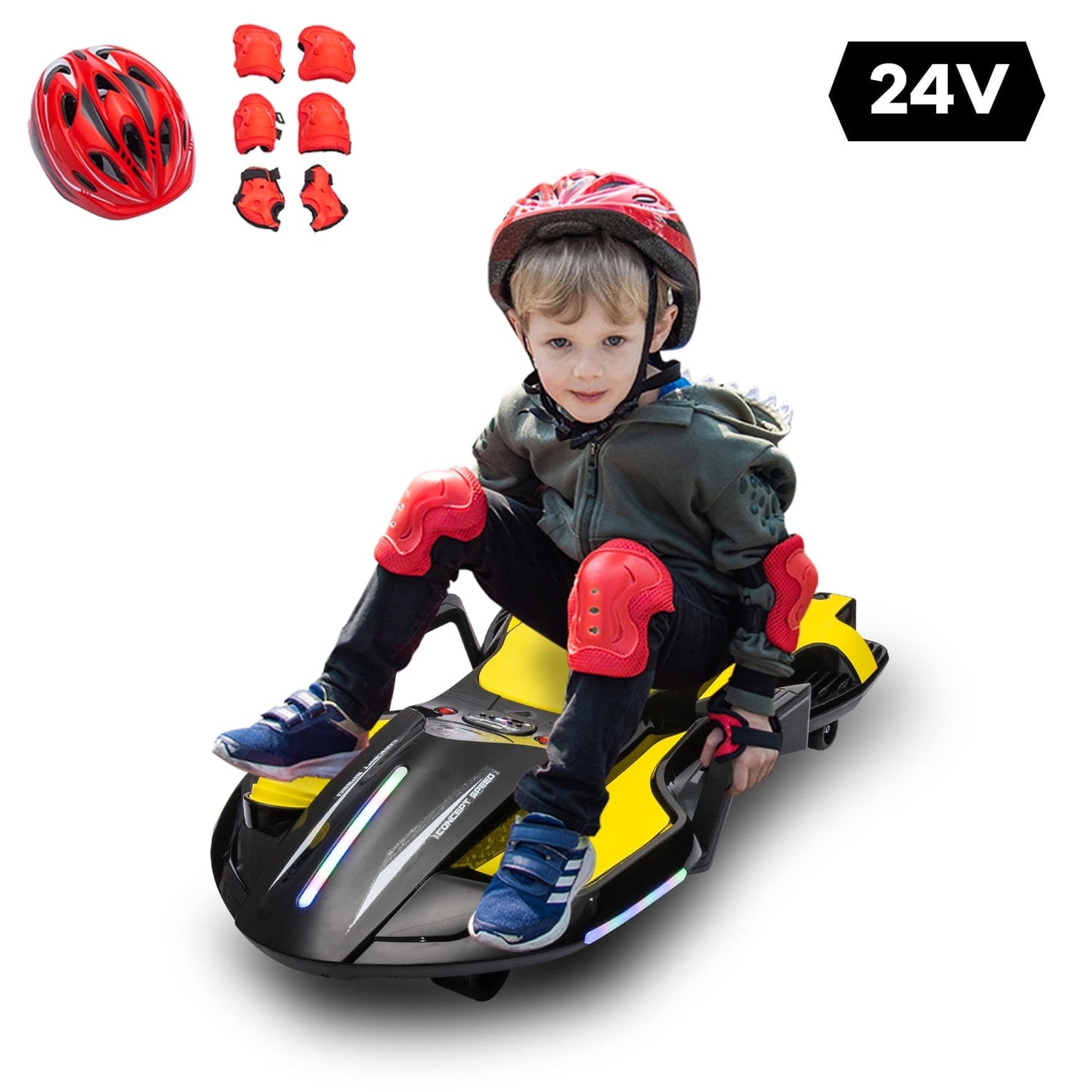 LISUEYNE 24V Ride on Car with Helmet, Knee Pads, Gloves, Devilfish Pattern Ride on Electric Scooter with Spray Function, Gravity Steering, Music, Hnadrails, Max Speed 6.84 mph, Black&Yellow