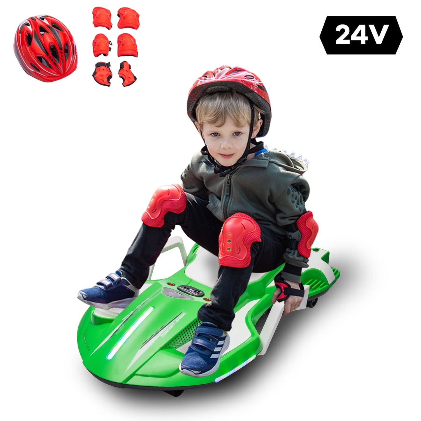 LISUEYNE 24V Ride on Car with Helmet, Knee Pads, Gloves, Devilfish Pattern Ride on Electric Scooter with Spray Function, Gravity Steering, Music, Hnadrails, Max Speed 6.84 mph, Black&Yellow