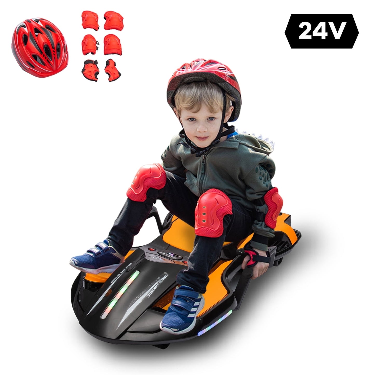LISUEYNE 24V Ride on Car with Helmet, Knee Pads, Gloves, Devilfish Pattern Ride on Electric Scooter with Spray Function, Gravity Steering, Music, Hnadrails, Max Speed 6.84 mph, Black&Yellow