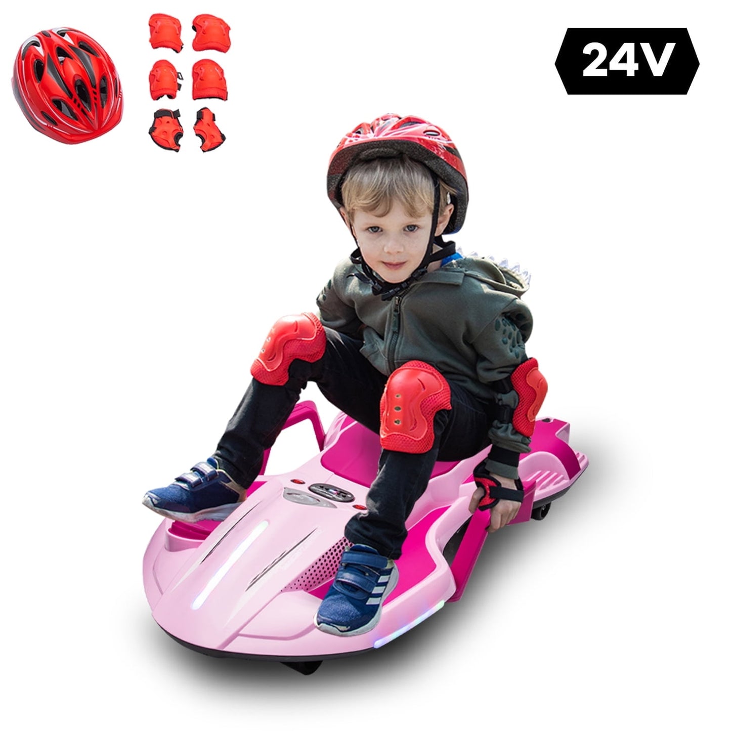 LISUEYNE 24V Ride on Car with Helmet, Knee Pads, Gloves, Devilfish Pattern Ride on Electric Scooter with Spray Function, Gravity Steering, Music, Hnadrails, Max Speed 6.84 mph, Black&Yellow