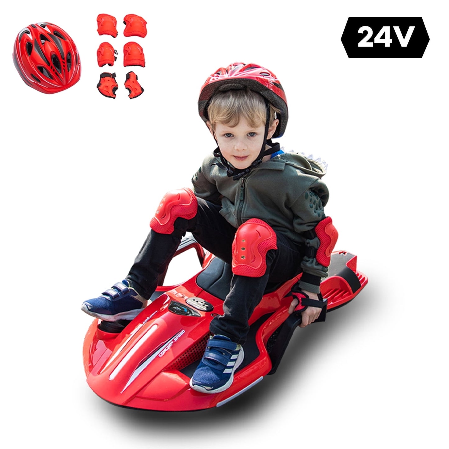 LISUEYNE 24V Ride on Car with Helmet, Knee Pads, Gloves, Devilfish Pattern Ride on Electric Scooter with Spray Function, Gravity Steering, Music, Hnadrails, Max Speed 6.84 mph, Black&Yellow