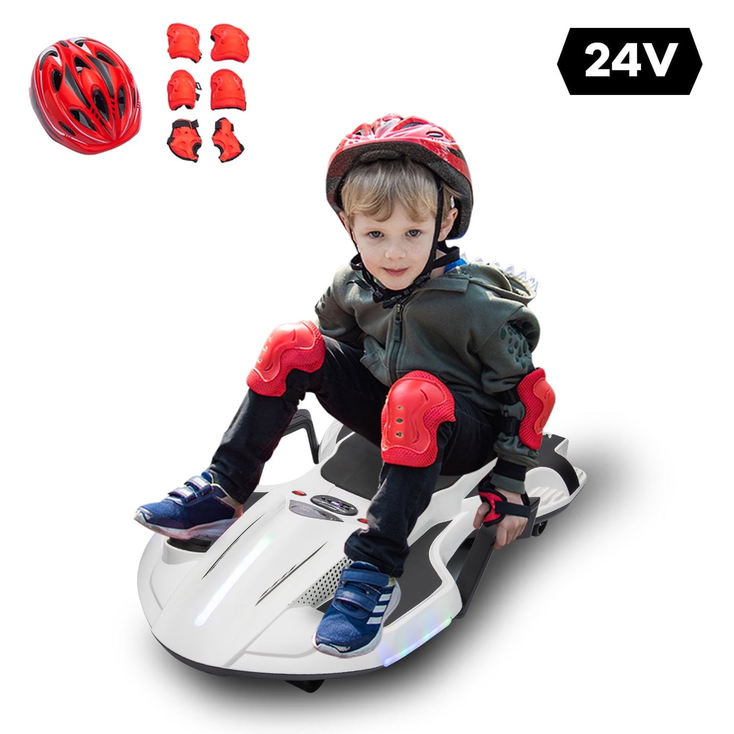 LISUEYNE 24V Ride on Car with Helmet, Knee Pads, Gloves, Devilfish Pattern Ride on Electric Scooter with Spray Function, Gravity Steering, Music, Hnadrails, Max Speed 6.84 mph, Black&Yellow