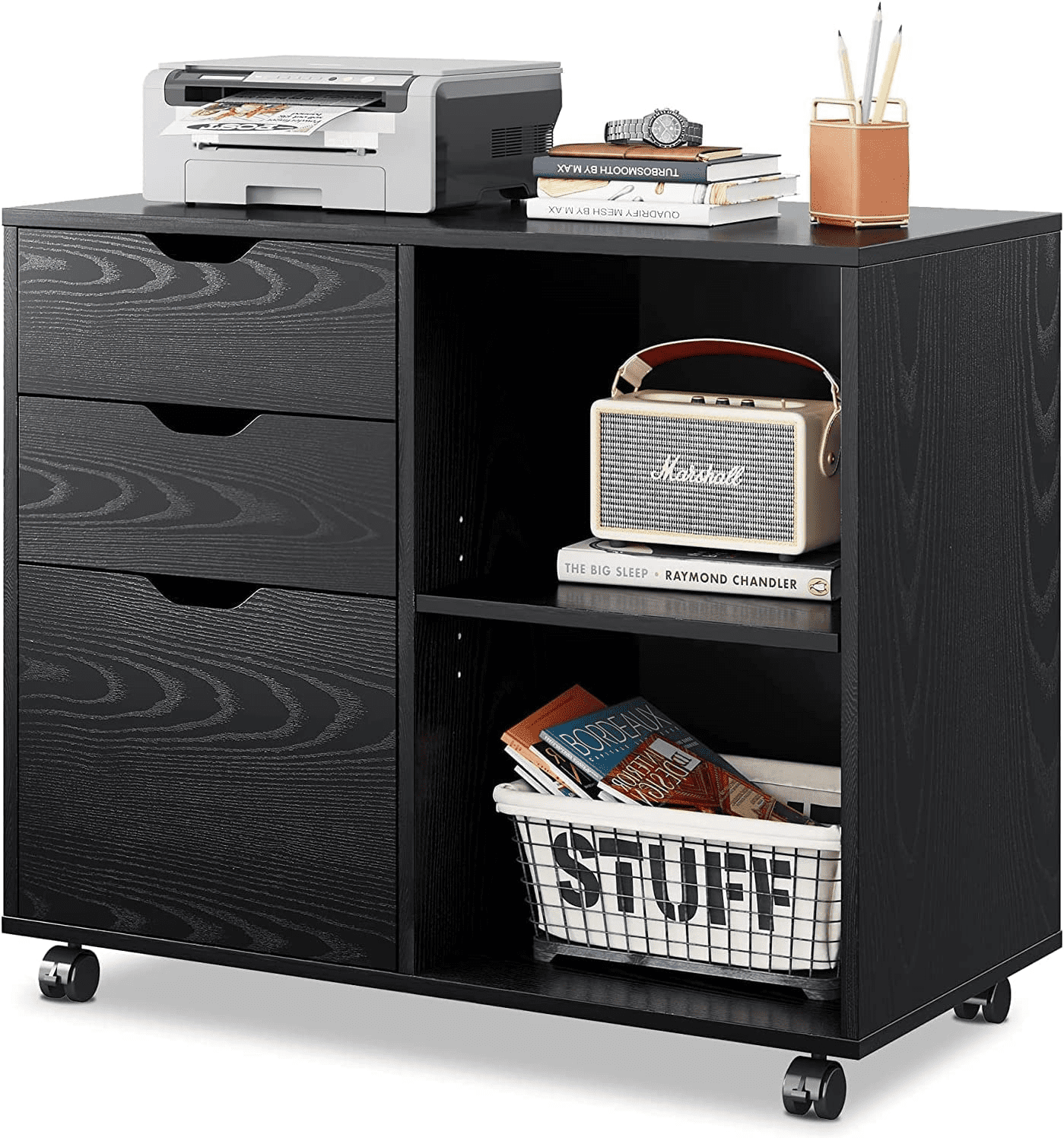 LISUEYNE 3-Drawer Wood File Cabinet, Mobile Lateral Filing Cabinet, Rolling Printer Stand with Open Storage Shelves for Home Office, Black