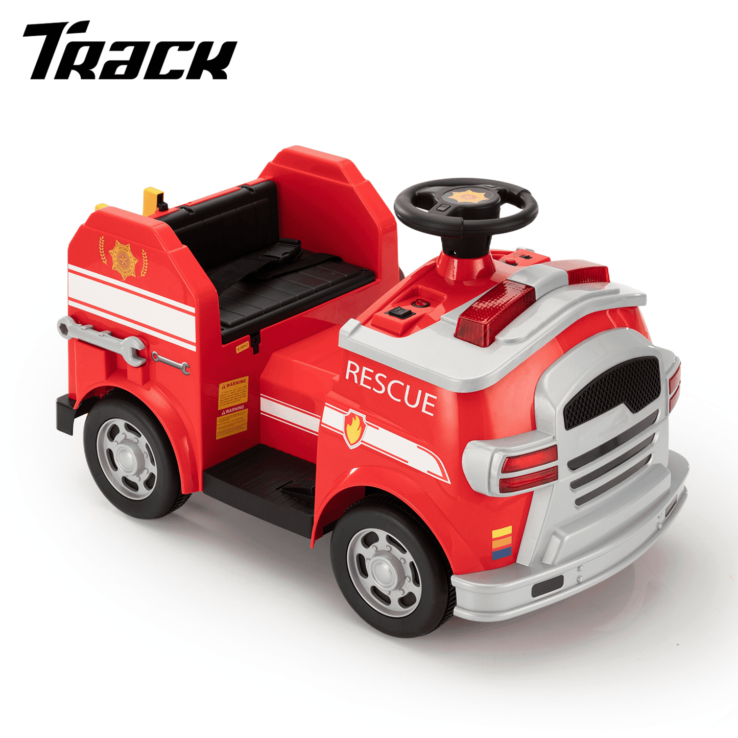 Track Seven 6V Electric Fire Truck Ride-On for Kids, Early Education, Fun with Fire Tools, Lights, Horns & Sirens, Slow Start Ride on Toy for Ages 2-8, Red