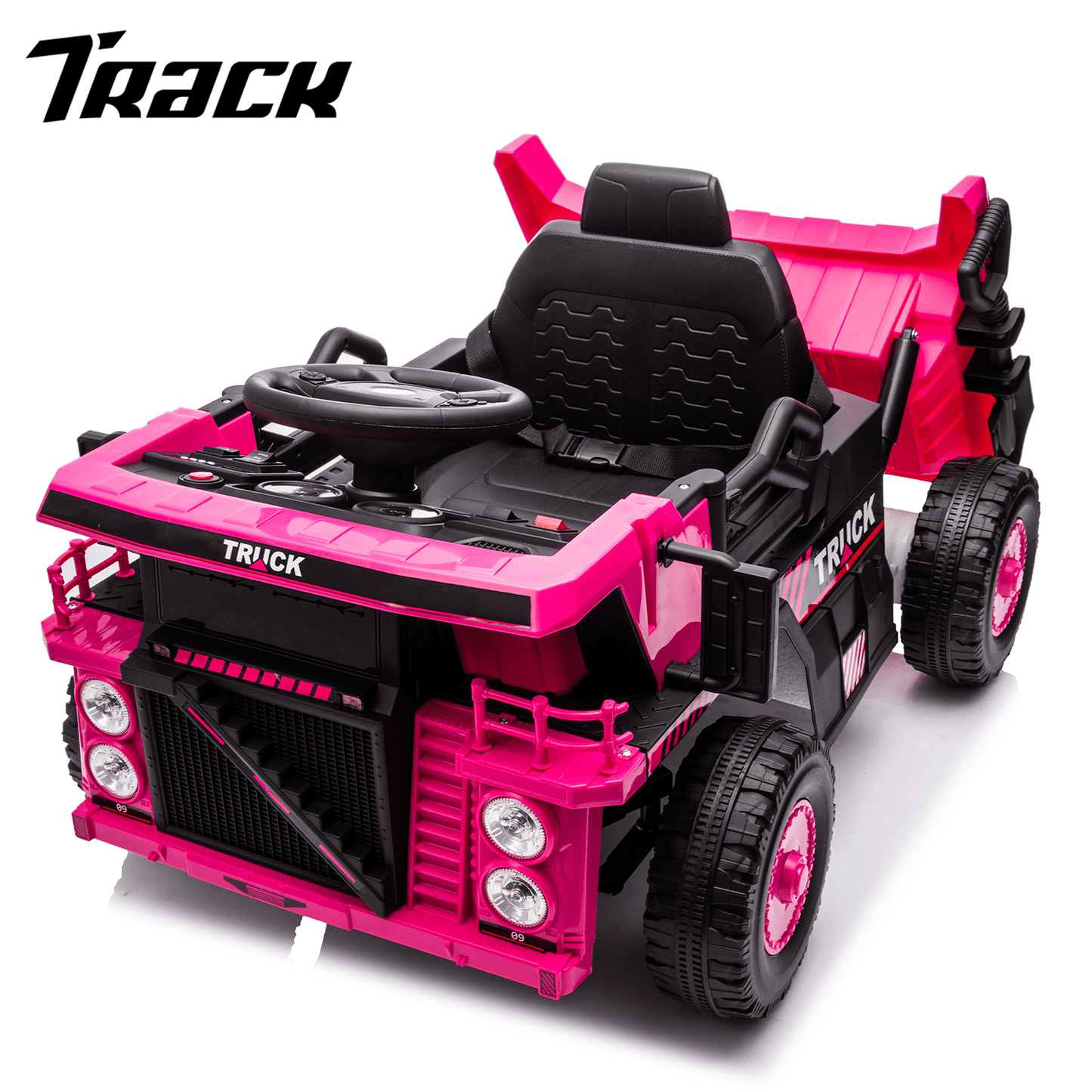 Track Seven 12V Electric Ride-On Dump Truck, Parental Remote Control, 2WD Rear-Wheel Suspension, Electric Dump Bed & Bonus Shovel, Bluetooth Multimedia, Adjustable Volume & Speed, LED Lighting, Black