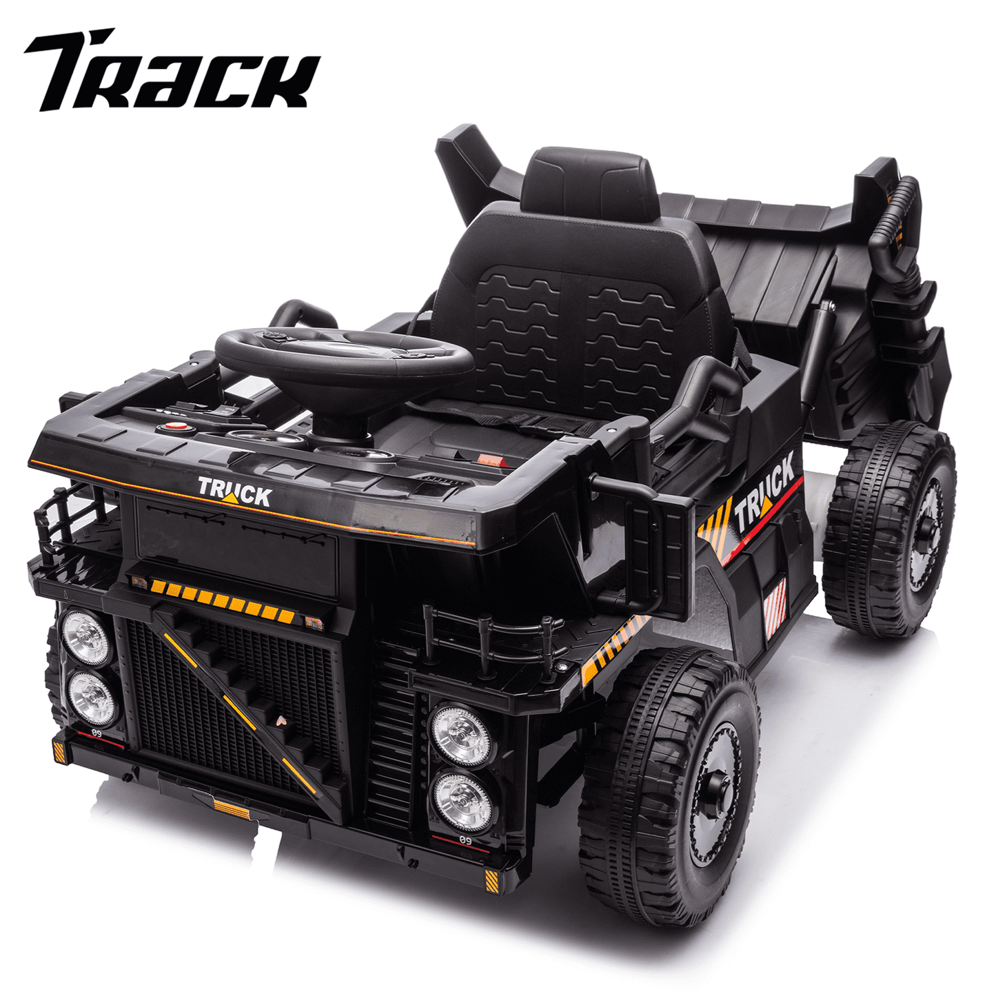 Track Seven 12V Electric Ride-On Dump Truck, Parental Remote Control, 2WD Rear-Wheel Suspension, Electric Dump Bed & Bonus Shovel, Bluetooth Multimedia, Adjustable Volume & Speed, LED Lighting, Black