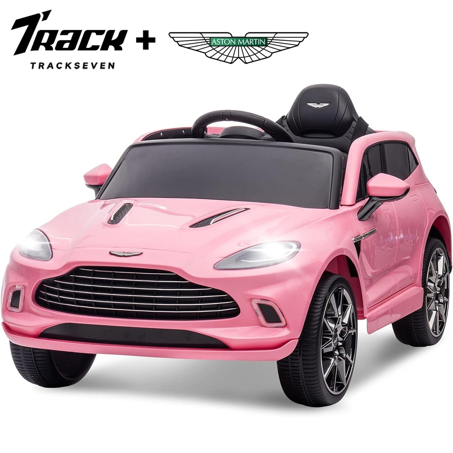 Track Seven 12V Kids Ride on Car, Licensed Aston Martin Electric Car for Boys Girls Age 3+, Remote Control, Music, USB, Portable Handle, Pink