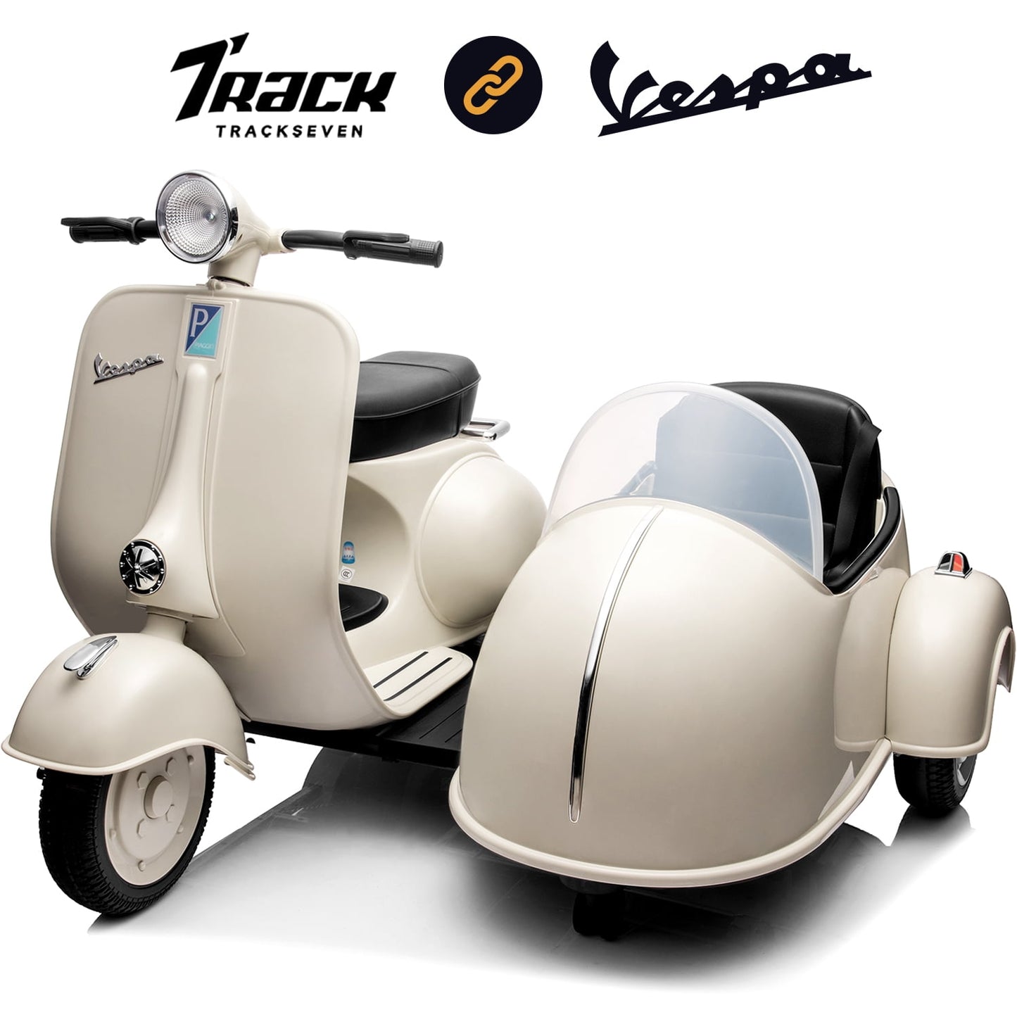 Track Seven 2-Seater Ride on Motorcycle, 12V Licensed Vespa Electric Motorcycle wth Side Car, 2-Seater Ride on Car, Music, Max Speed 4.8mph, Blue
