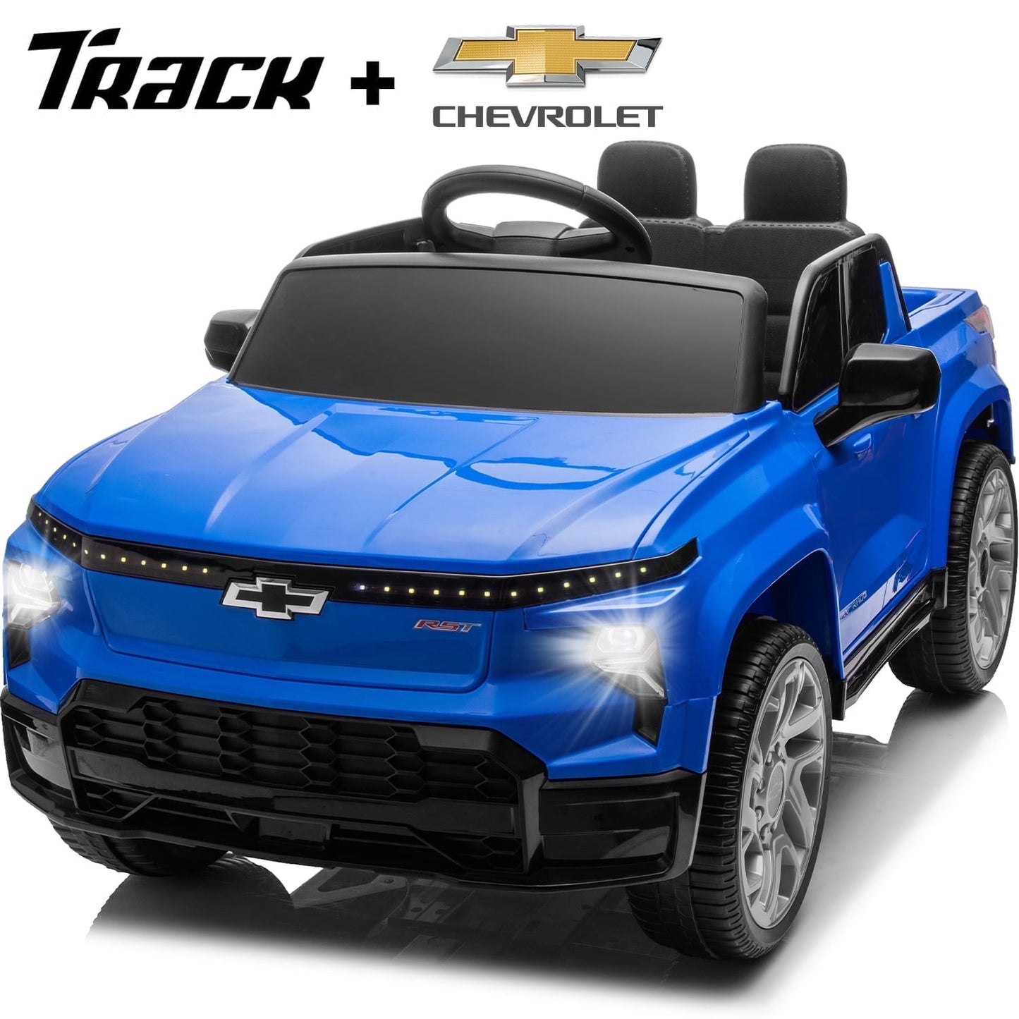 Track 7 12V Ride on Car, Licensed Chevrolet Silverado Electric Car with Remote Control, Bluetooth, LED Lights, Power Display, Rear Storage, 12V Ride on Truck Car for Boys Girls Age 3+, Blue
