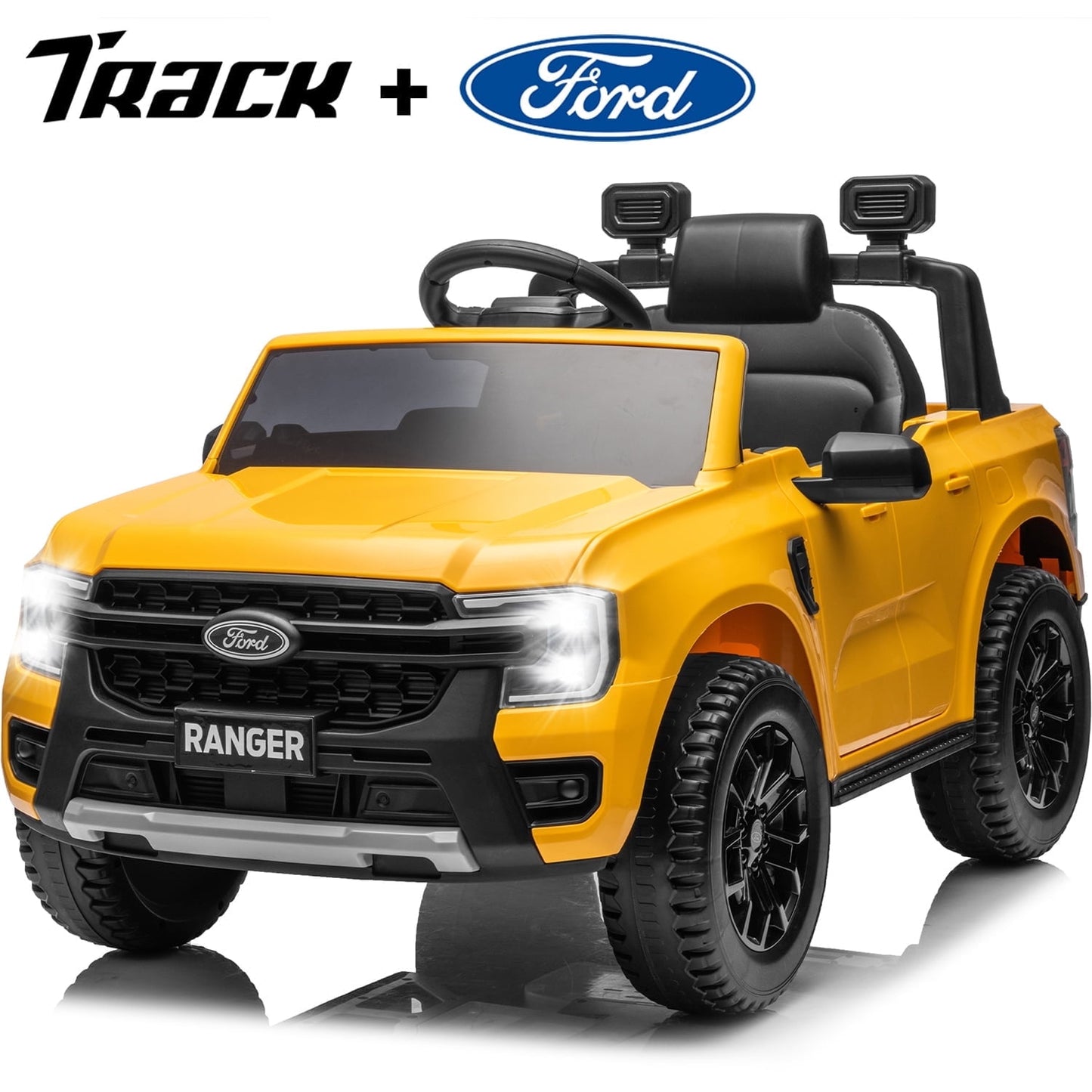 Track 7 12V Kids Ride on Car, Licensed Ford Ranger Electric Car with Remote Control, Music Player, LED Lights, Bluetooth, 12V Ride on Truck Car for Boys Girls Age 3+, Yellow