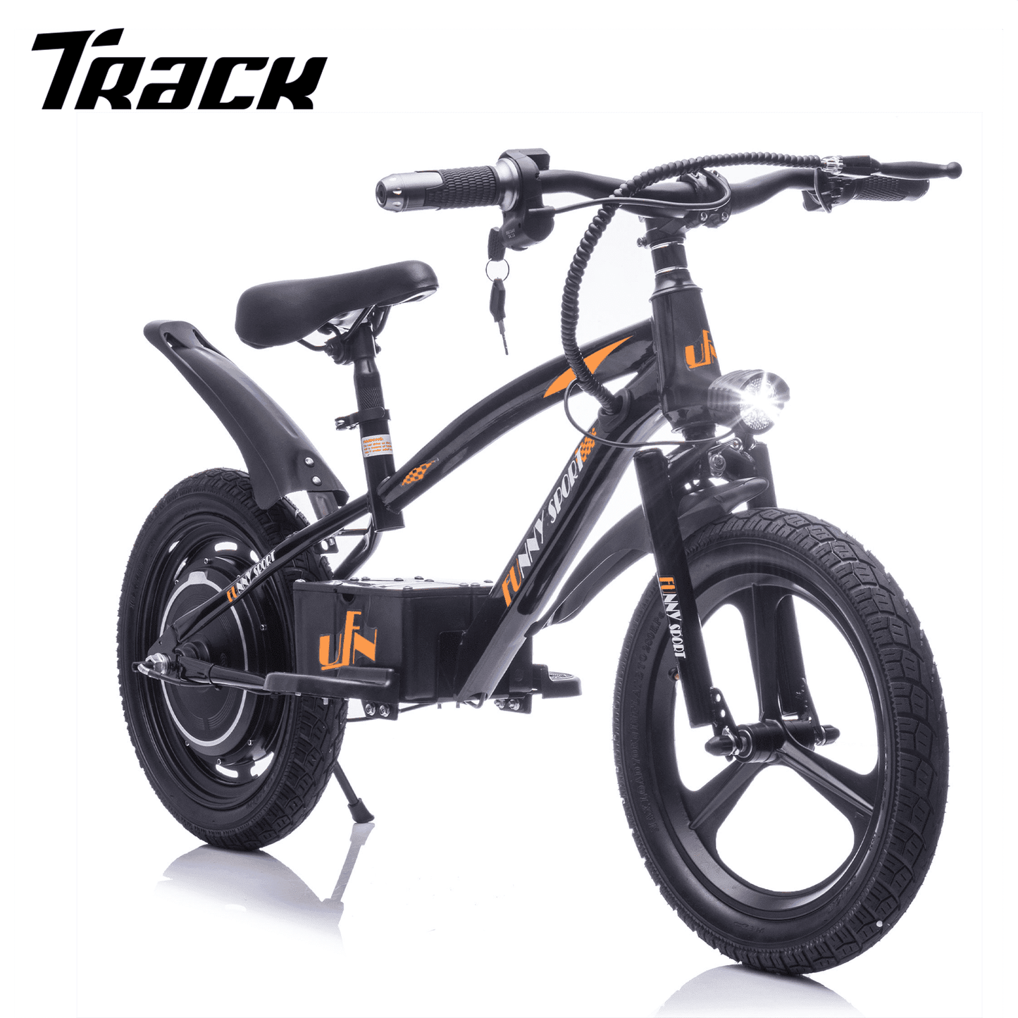 Track Seven 24V 300W Electric Bike, Teens Off-Road Mini Bike, Adjustable Seat (Age 5+), 16" Wheels, 12.43 MPH Top Speed, LED Headlight & Hand Brakes, Blue