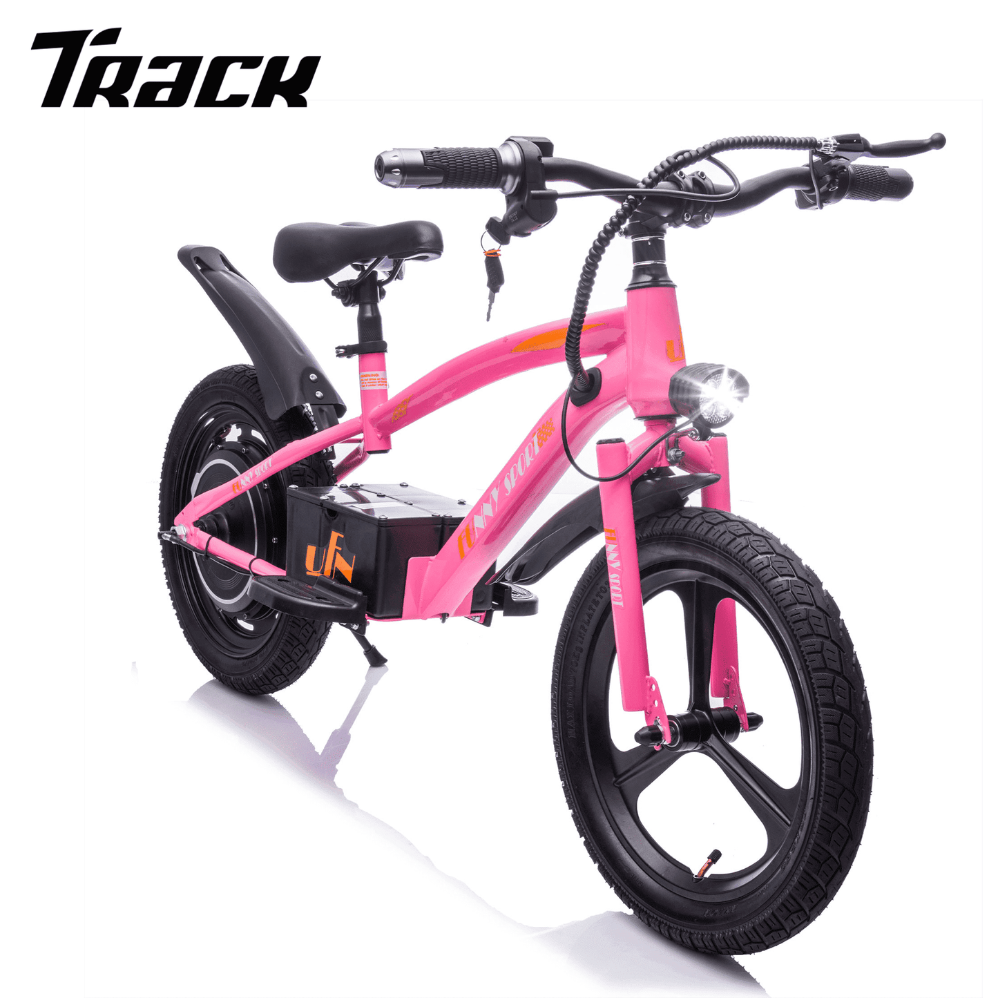 Track Seven 24V 300W Electric Bike, Teens Off-Road Mini Bike, Adjustable Seat (Age 5+), 16" Wheels, 12.43 MPH Top Speed, LED Headlight & Hand Brakes, Blue