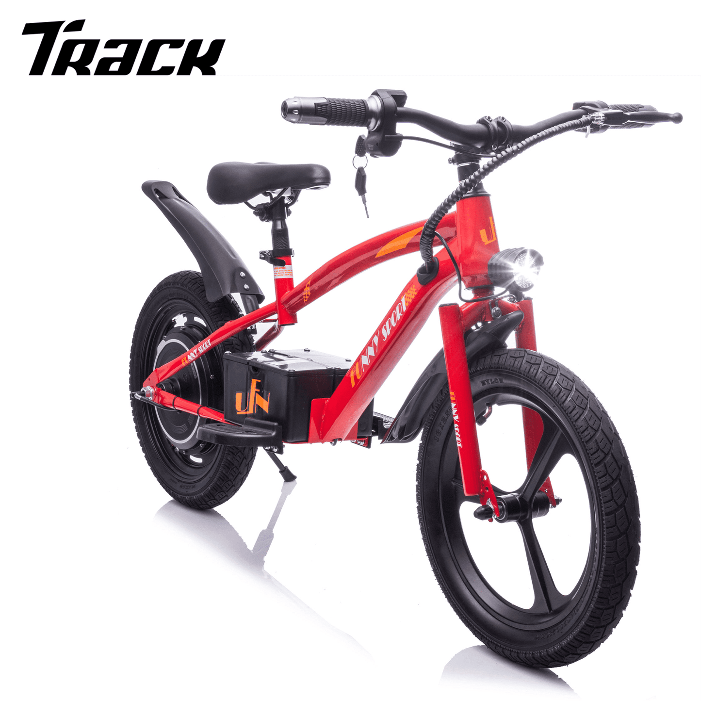 Track Seven 24V 300W Electric Bike, Teens Off-Road Mini Bike, Adjustable Seat (Age 5+), 16" Wheels, 12.43 MPH Top Speed, LED Headlight & Hand Brakes, Blue