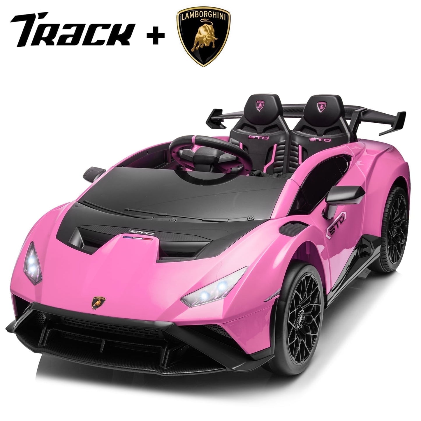 Track Seven 24V Kids Ride on Car, Licensed Lamborghini STO Electric Car for Boys Girls, 2-Seater Ride on Drift Car with Remote Control, Music, 360° Spin, Max Speed 6mph, White