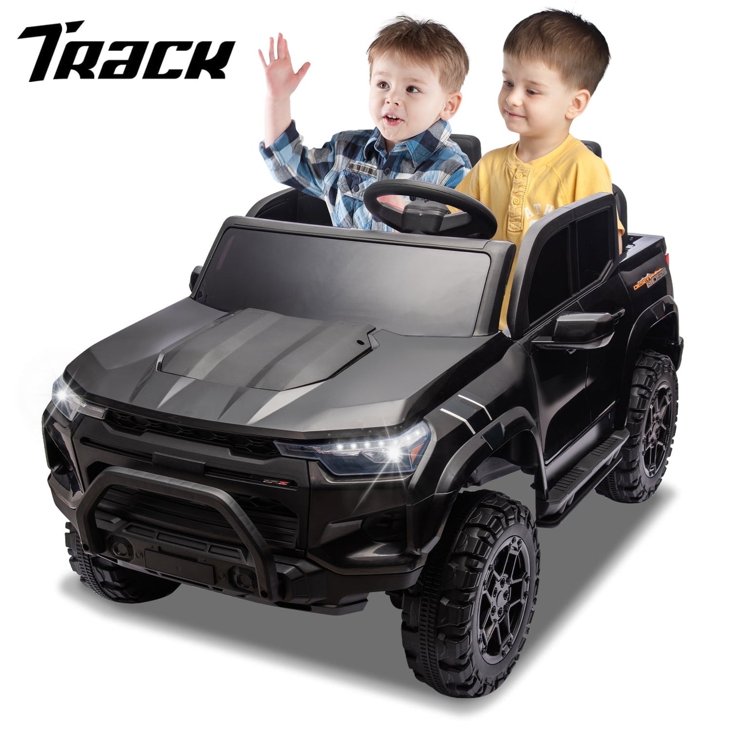 Track Seven 24V Ride on Car, 2-Seater Kids Ride on Pickup Police Car with Remote Control, Bluetooth, 4 x 200W Motor Electric Car, 3 speeds, LED Lights, Spring Suspension, Pink
