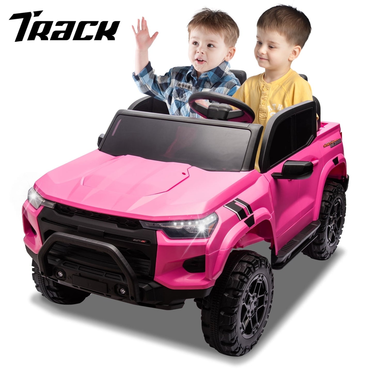 Track Seven 24V Ride on Car, 2-Seater Kids Ride on Pickup Police Car with Remote Control, Bluetooth, 4 x 200W Motor Electric Car, 3 speeds, LED Lights, Spring Suspension, Pink