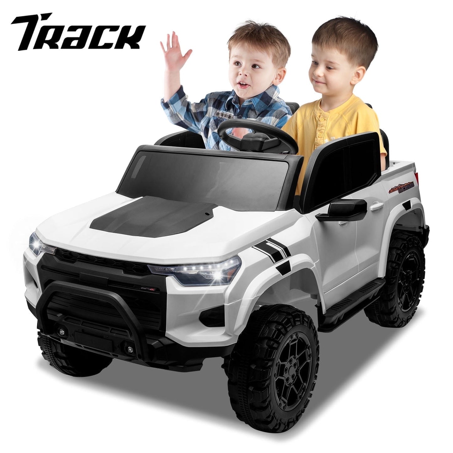 Track Seven 24V Ride on Car, 2-Seater Kids Ride on Pickup Police Car with Remote Control, Bluetooth, 4 x 200W Motor Electric Car, 3 speeds, LED Lights, Spring Suspension, Pink