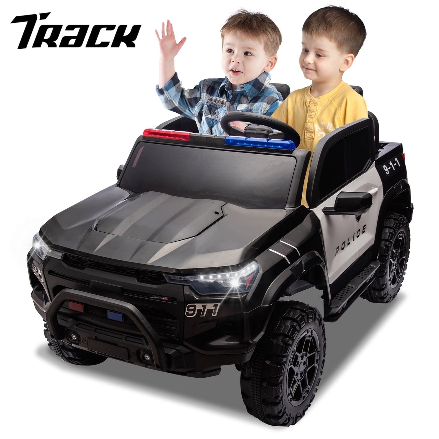Track Seven 24V Ride on Car, 2-Seater Kids Ride on Pickup Police Car with Remote Control, Bluetooth, 4 x 200W Motor Electric Car, 3 speeds, LED Lights, Spring Suspension, Pink