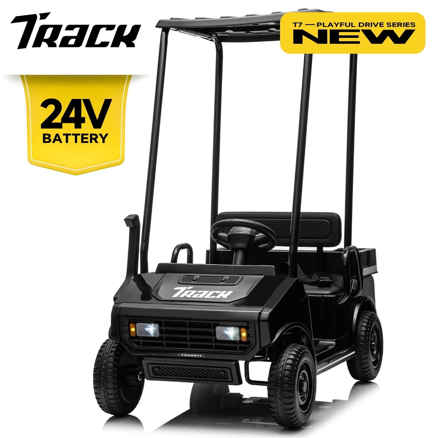 Track Seven 24V Ride on Car, Electric Golf Cart with Ceiling, Ride on Truck with Remote Control, Music, Rear Storage Box, Electric Car for Boys Girls Age 3+, 18.5" Large Seat with Armrests, White